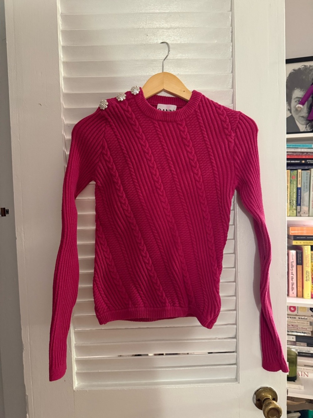Ganni Hot Pink Cable Knit Sweater with Shoulder Embellishments